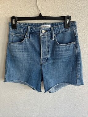 Good American Button Fly High-Waist Raw Hem Denim Midi Shorts Women's 00/24